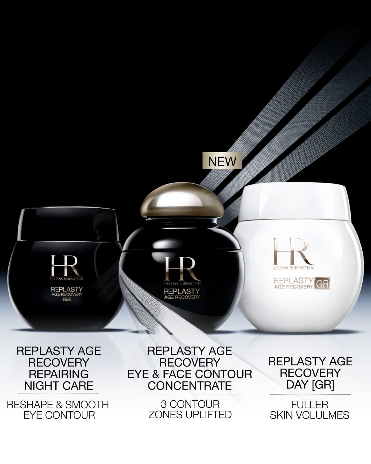 Helena Rubinstein REPLASTY protocol: Night Care, Eye & Face Concentrate, and Day Cream for comprehensive age recovery.