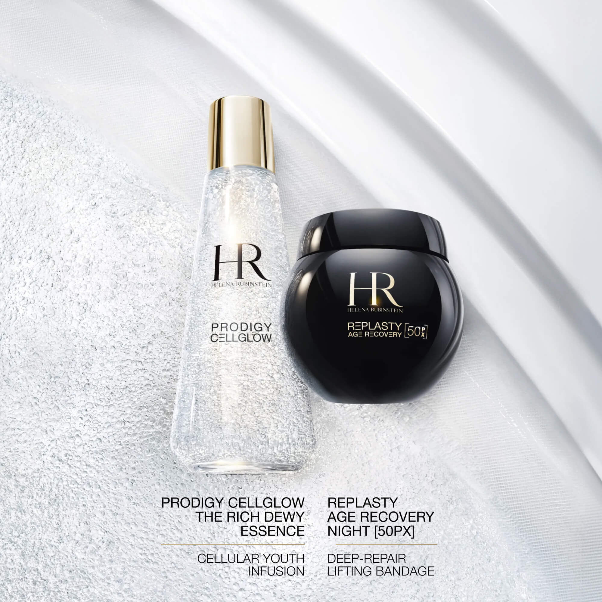 Helena Rubinstein Prodigy Cellglow The Rich Dewy Essence bottle and Re-Plasty Age Recovery Night cream jar, presented as a recommended skincare routine.