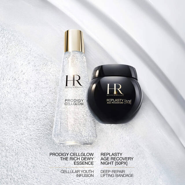 Helena Rubinstein Prodigy Cellglow The Rich Dewy Essence bottle and Re-Plasty Age Recovery Night cream jar, presented as a recommended skincare routine.