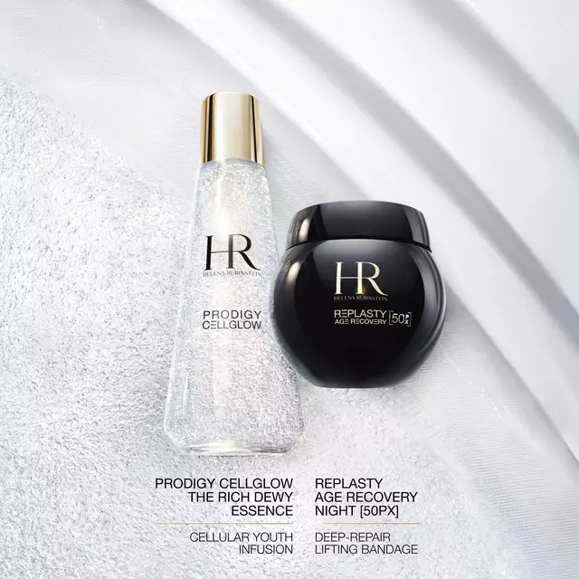 Helena Rubinstein Prodigy Cellglow The Rich Dewy Essence bottle and Re-Plasty Age Recovery Night cream jar, presented as a recommended skincare routine.