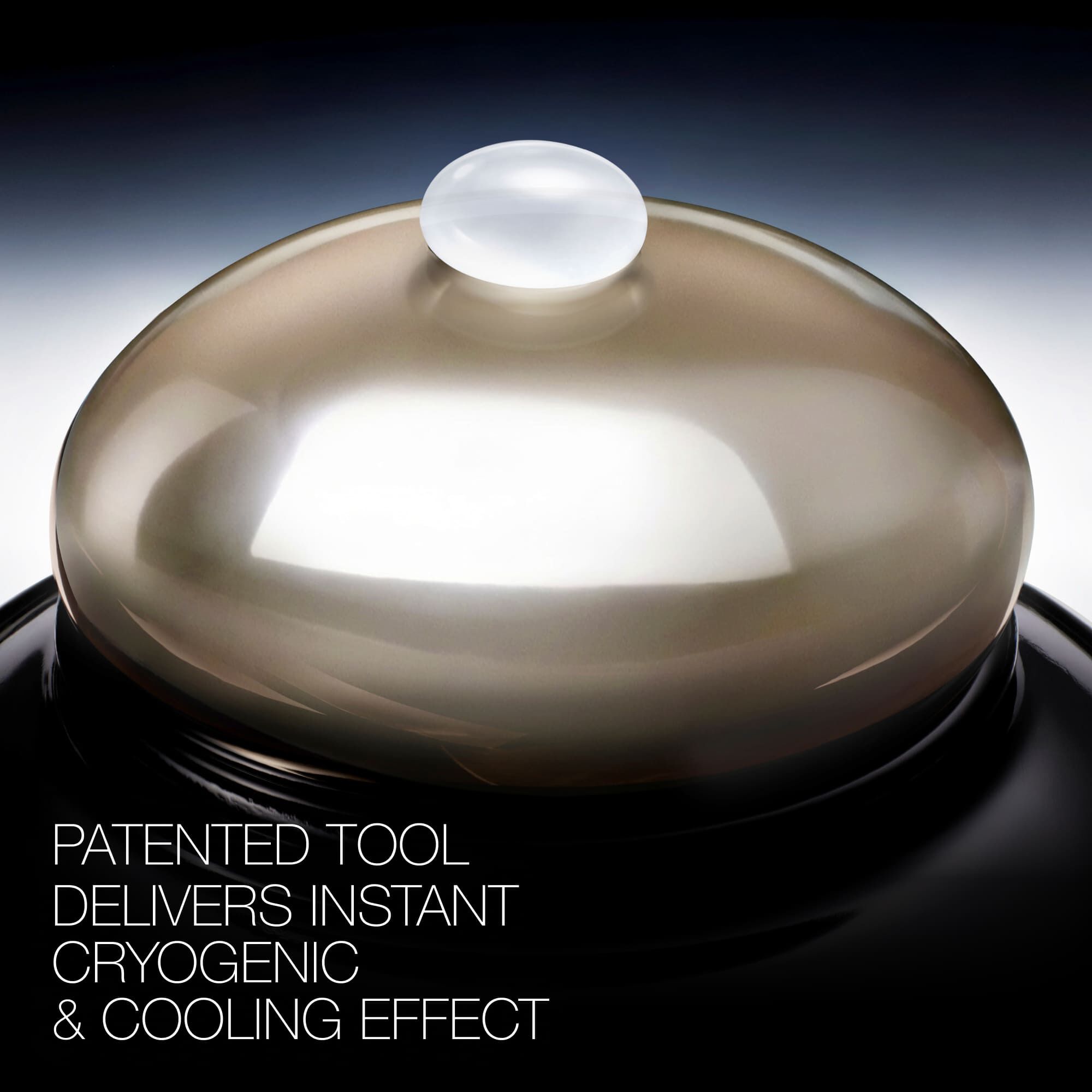 Patented cryogenic cooling tool on a luxurious Helena Rubinstein product jar, delivering an instant refreshing effect.