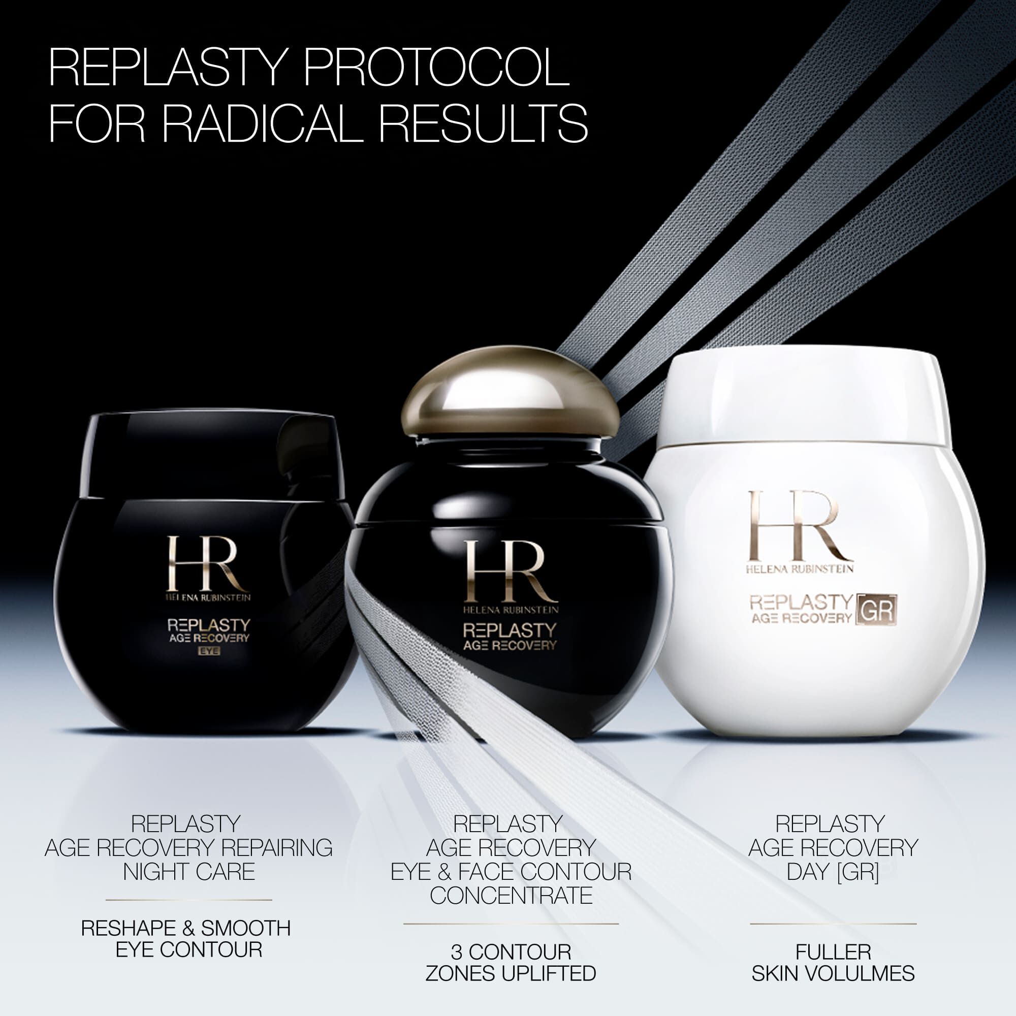 Helena Rubinstein REPLASTY protocol: Night Care, Eye & Face Concentrate, and Day Cream for comprehensive age recovery.