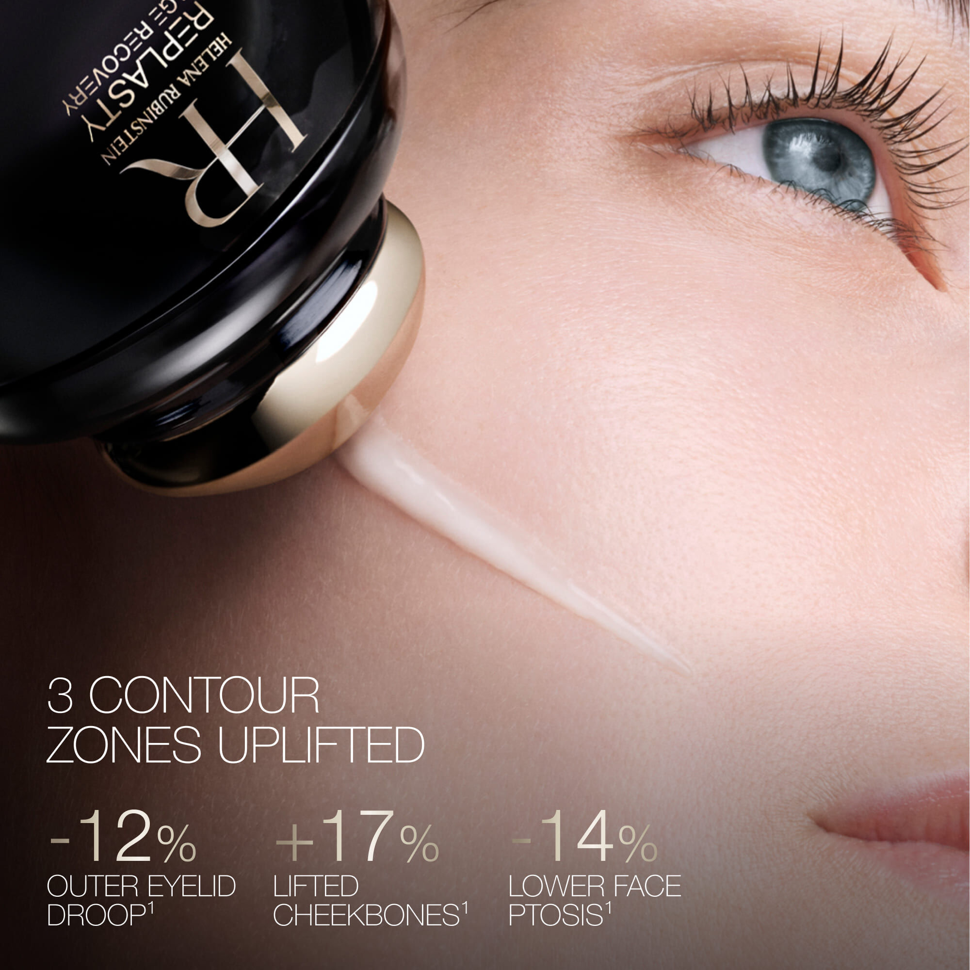 Helena Rubinstein Replasty Age Recovery Eye & Face Contour Concentrate applied to skin, showing -12% outer eyelid droop, +17% lifted cheekbones, -14% lower face ptosis.